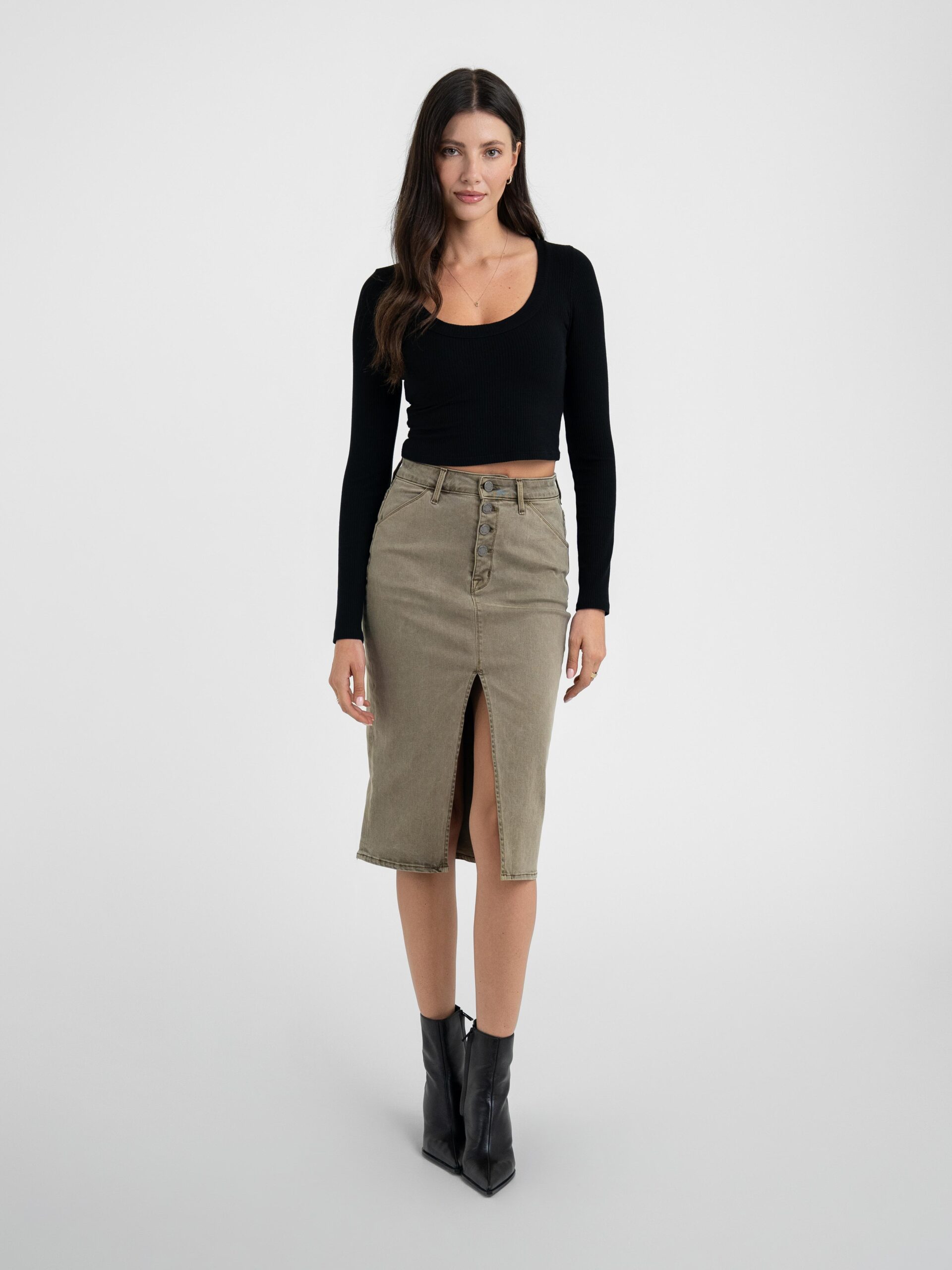 Button Fly Midi Skirt Army