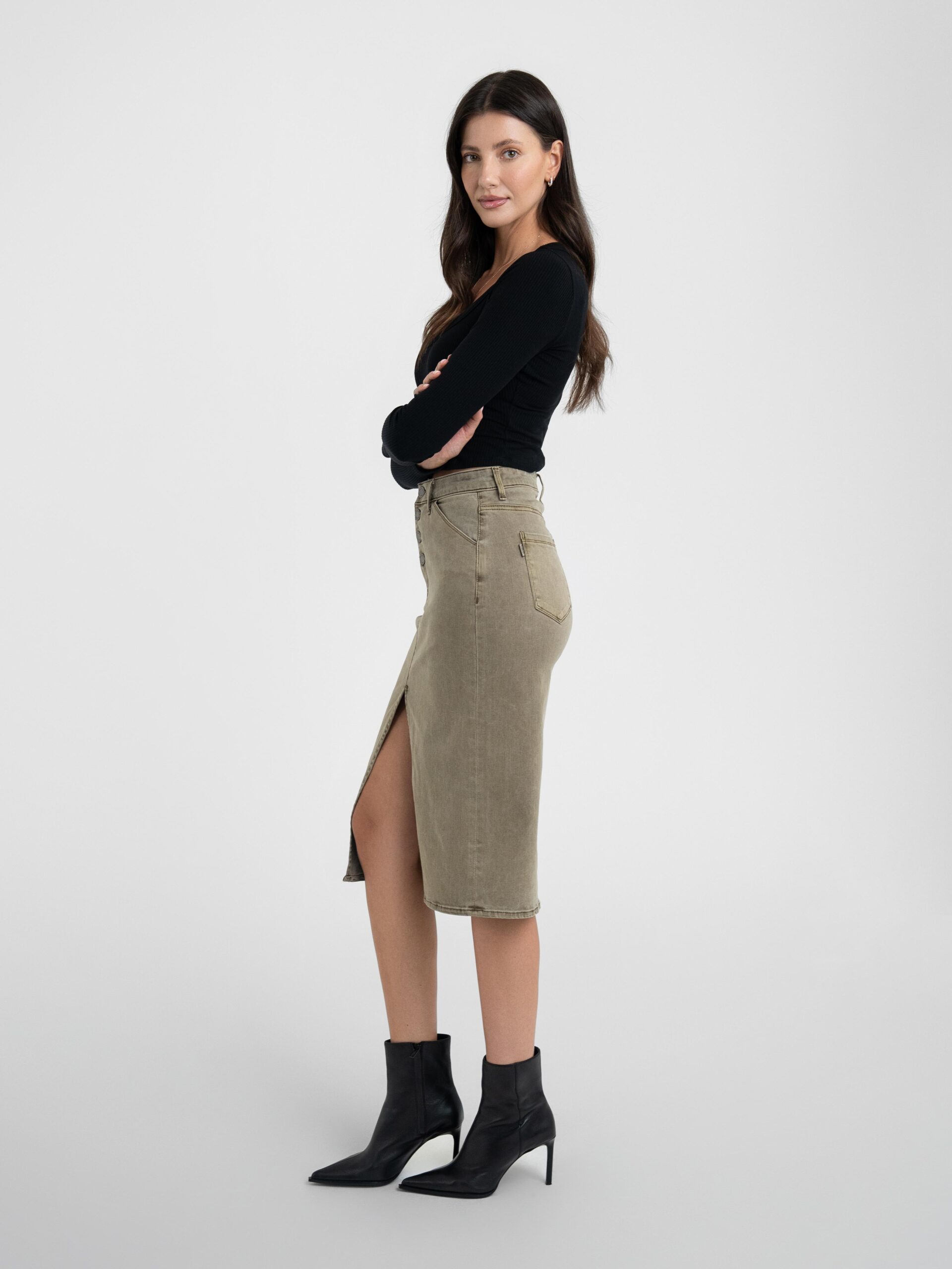 Button Fly Midi Skirt Army