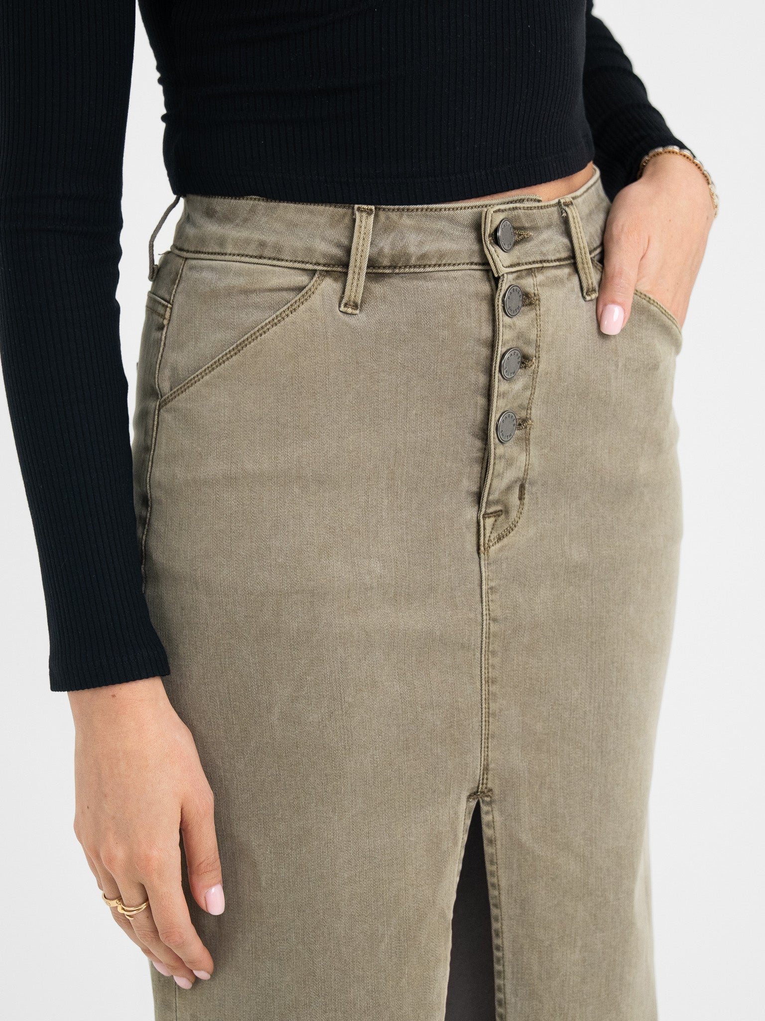 Button Fly Midi Skirt Army