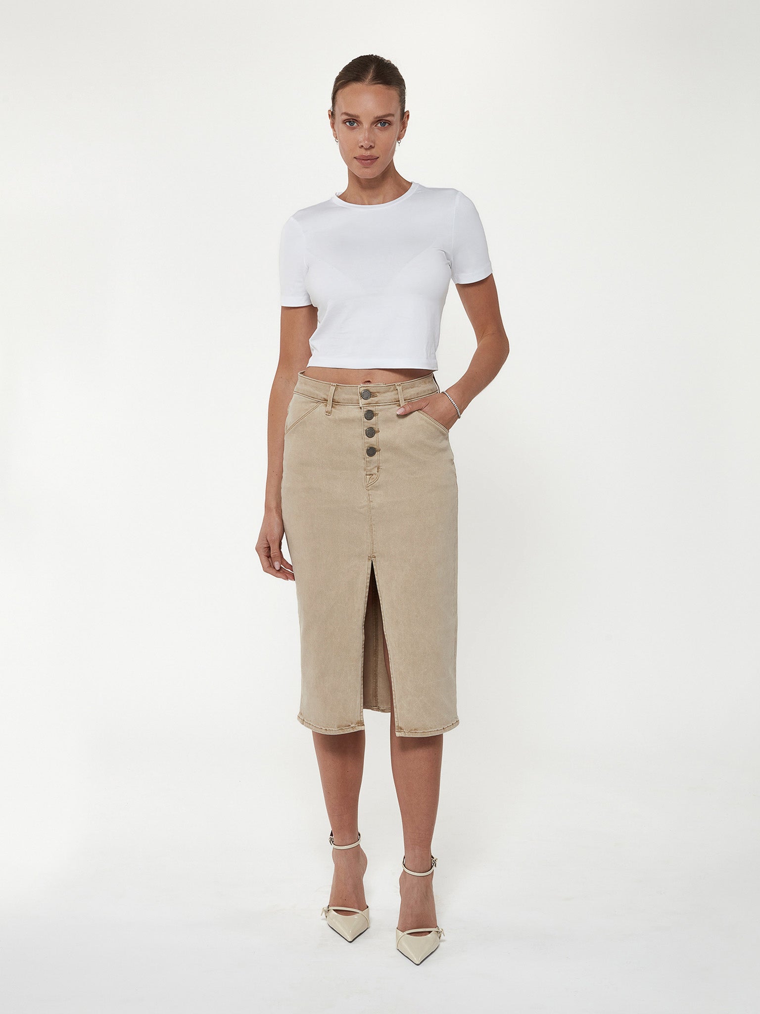 Button Fly Midi Skirt in Stone