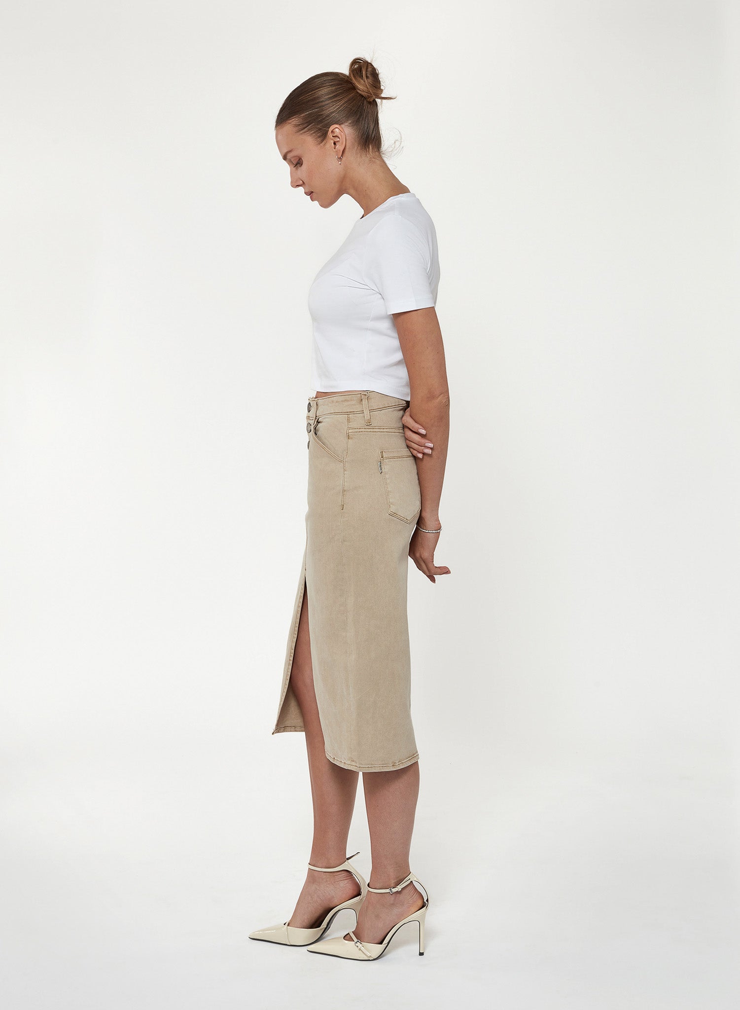 Button Fly Midi Skirt in Stone