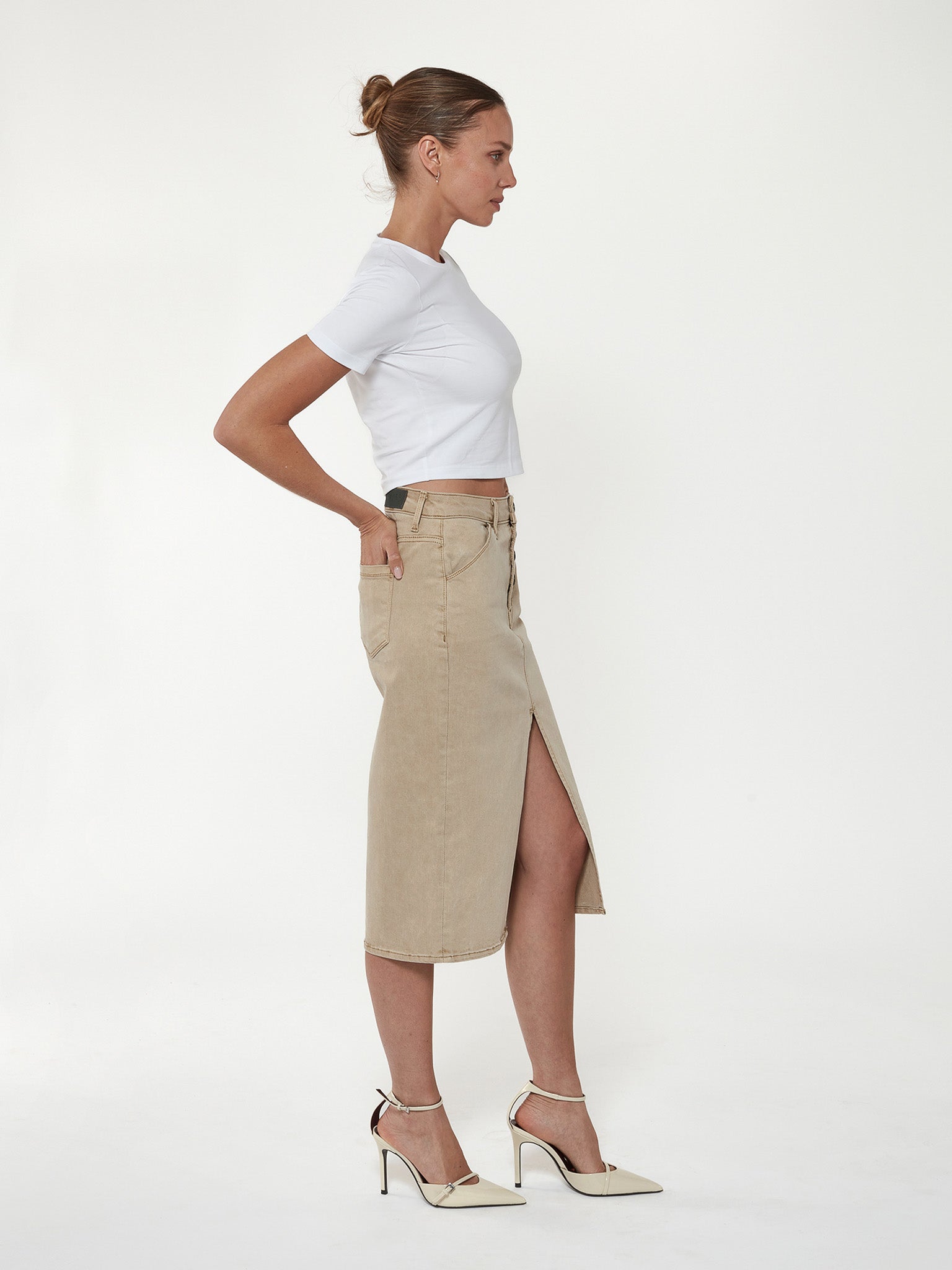 Button Fly Midi Skirt in Stone