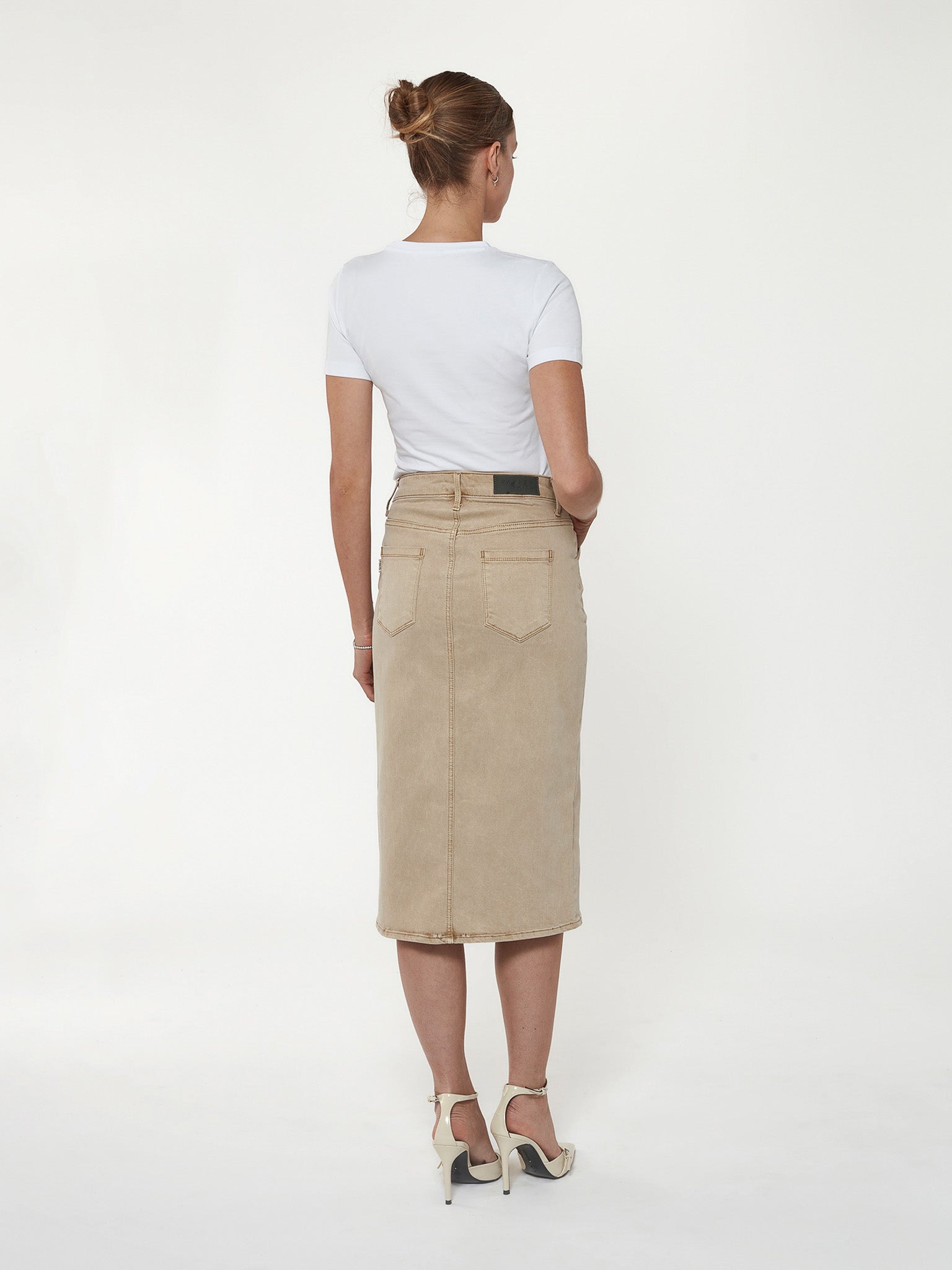 Button Fly Midi Skirt in Stone