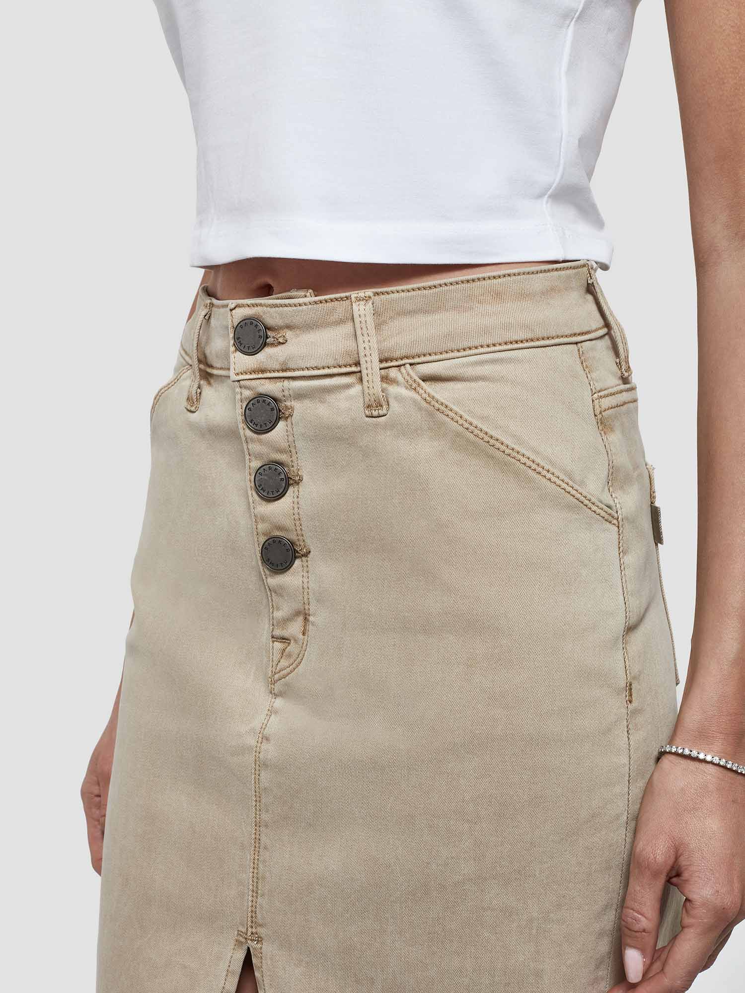 Button Fly Midi Skirt in Stone