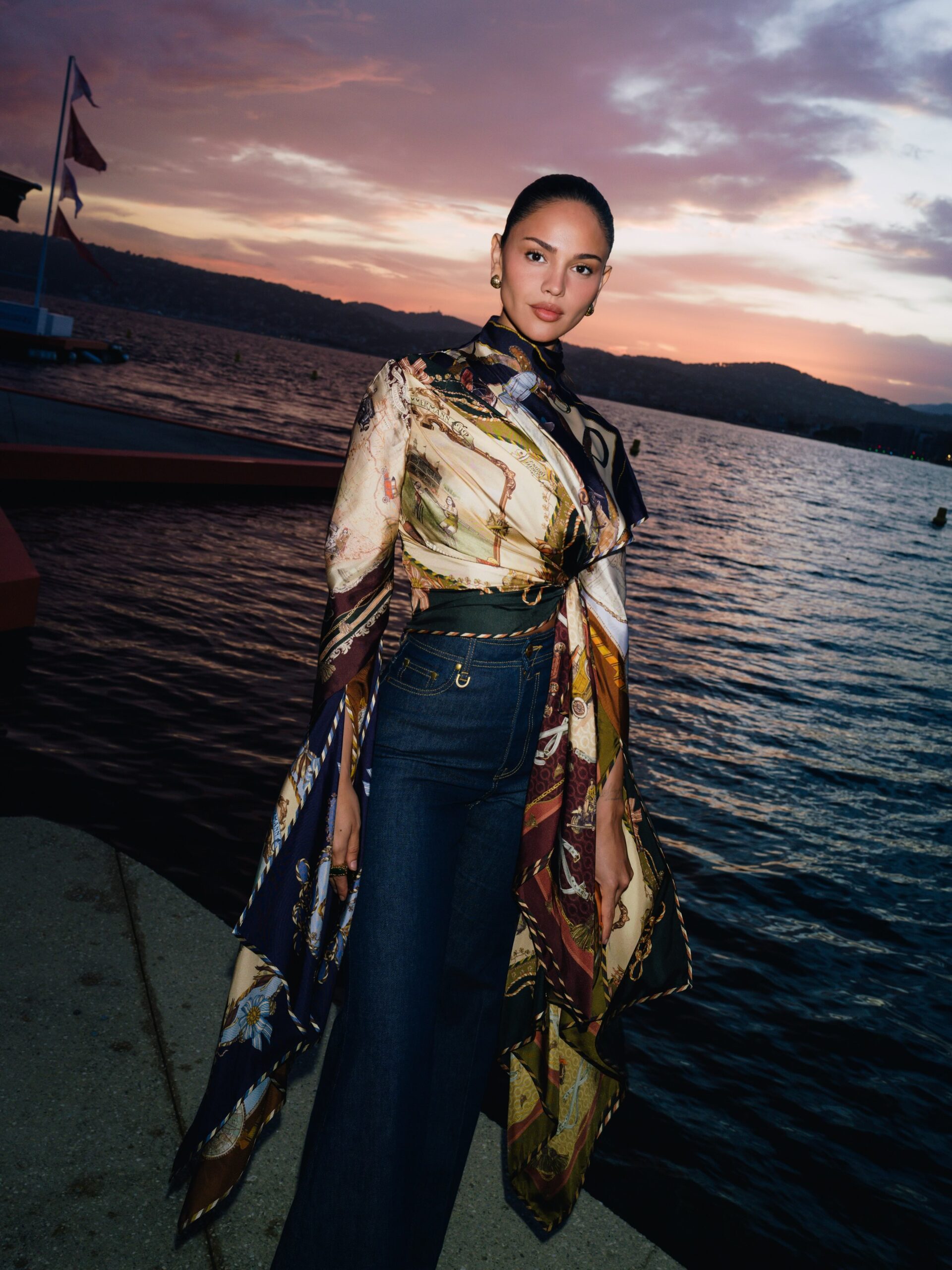 Nautical Scarf-Print Silk Wrap Blouse
