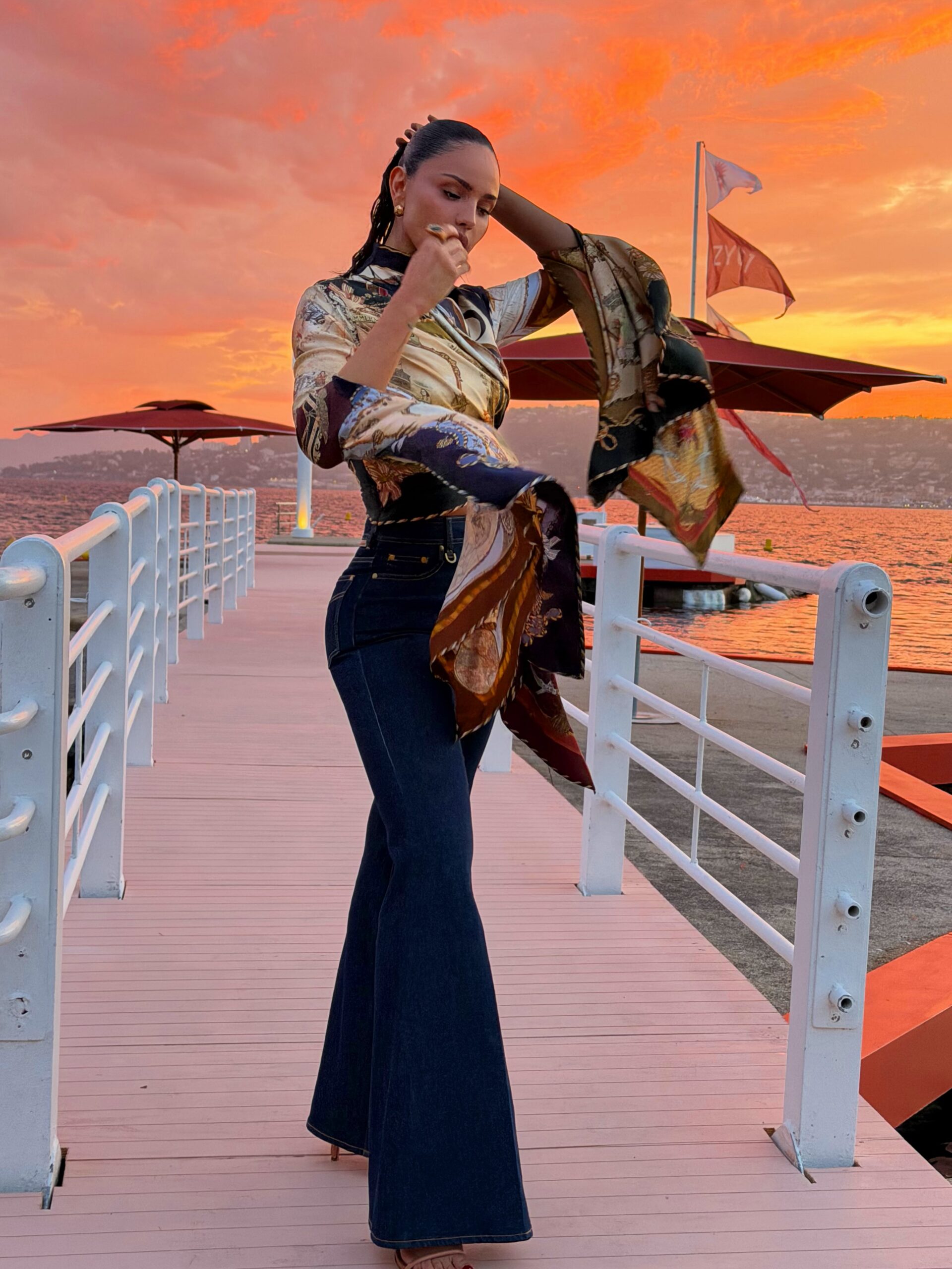Nautical Scarf-Print Silk Wrap Blouse