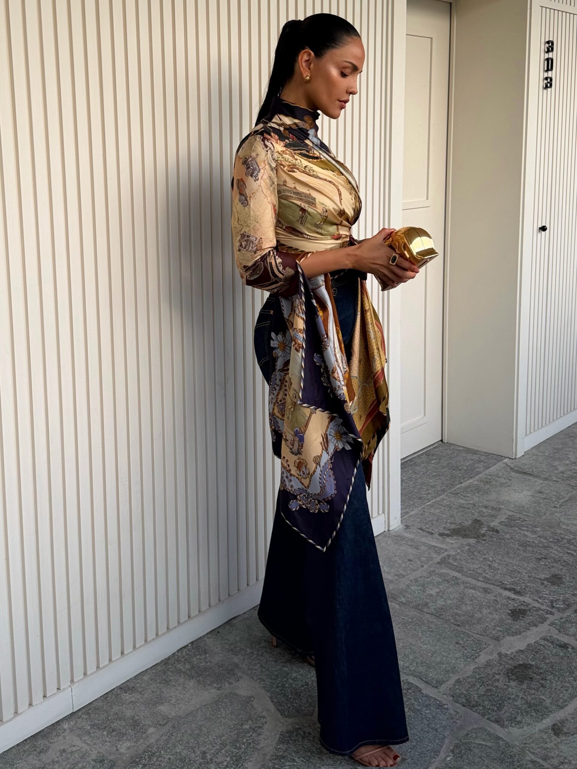 Nautical Scarf-Print Silk Wrap Blouse