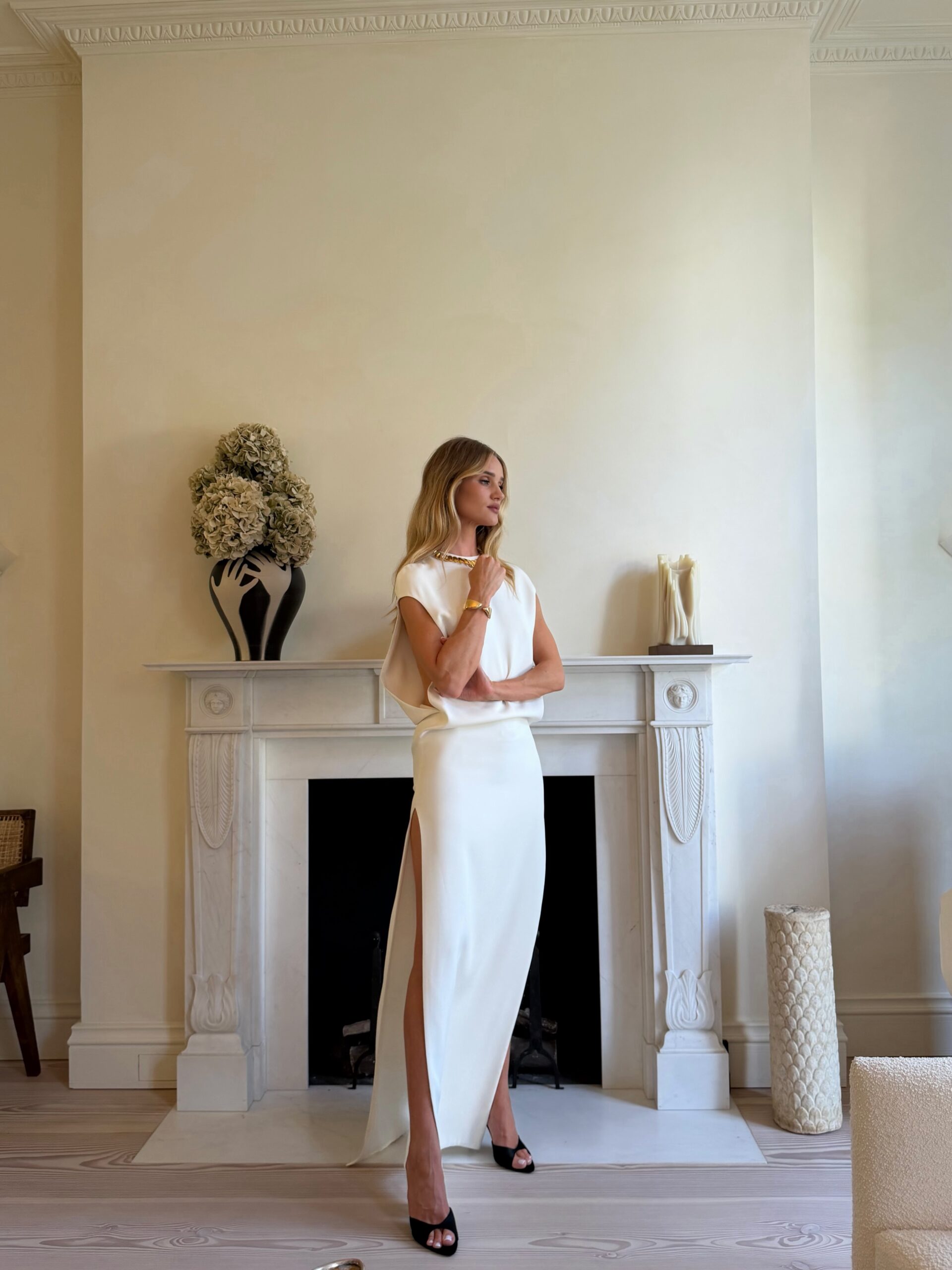 Ivory Draped Silk Top & Slit Maxi Skirt Set