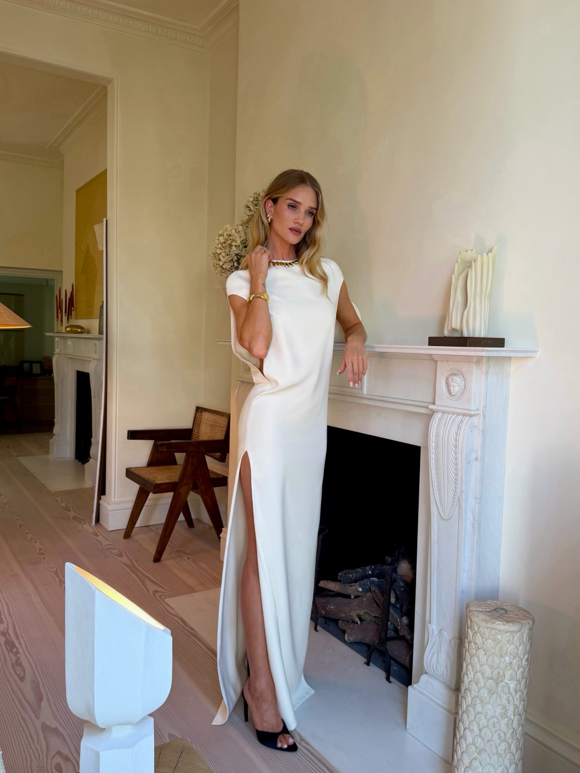 Ivory Draped Silk Top & Slit Maxi Skirt Set
